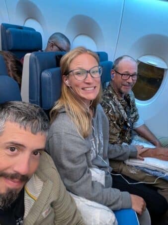 We're still excited here getting on the plane to Atlanta. That will eventually change after several hours of travel.